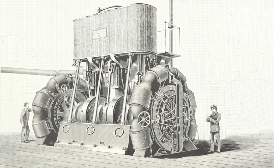 An illustration of a large industrial machine with turbines and pipes, flanked by two men observing or inspecting it.